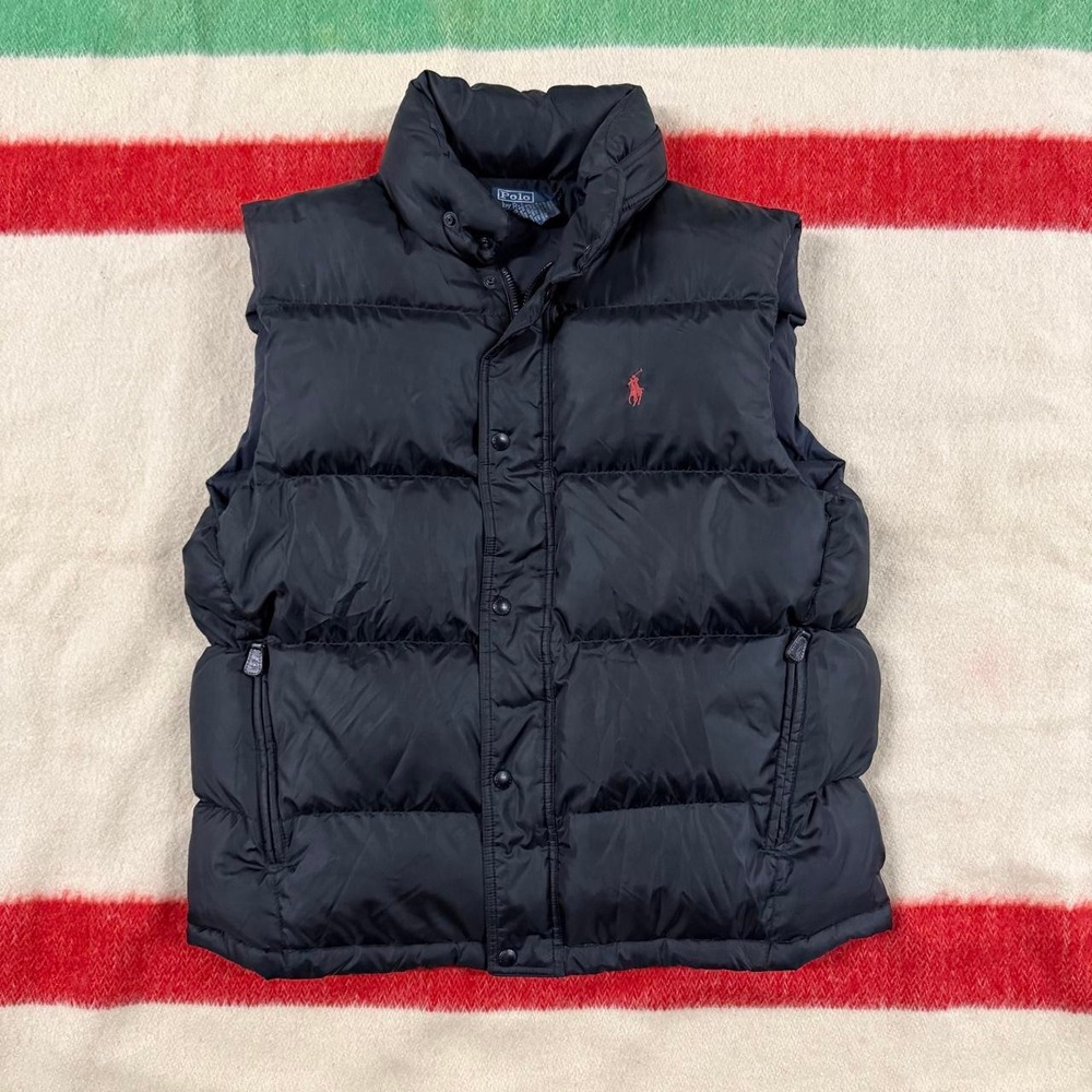 Polo Ralph Lauren Mens Black Down Puffer Vest Large Red Pony Vintage Fall